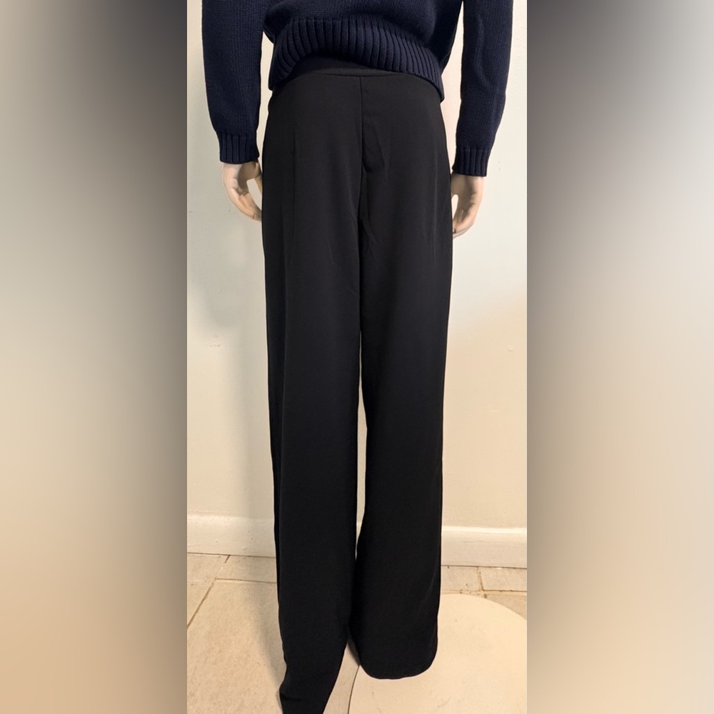 Black Wide Leg Pants Womens High Waisted Belted Trousers Gold Buckle Workwear - Picture 2 of 10